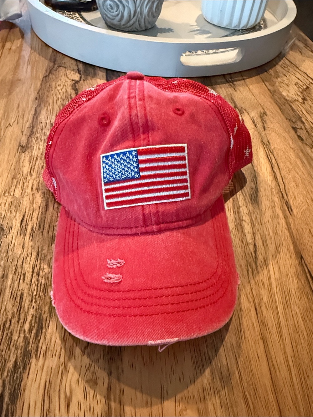 Red Distressed Baseball Cap with American Flag Patch